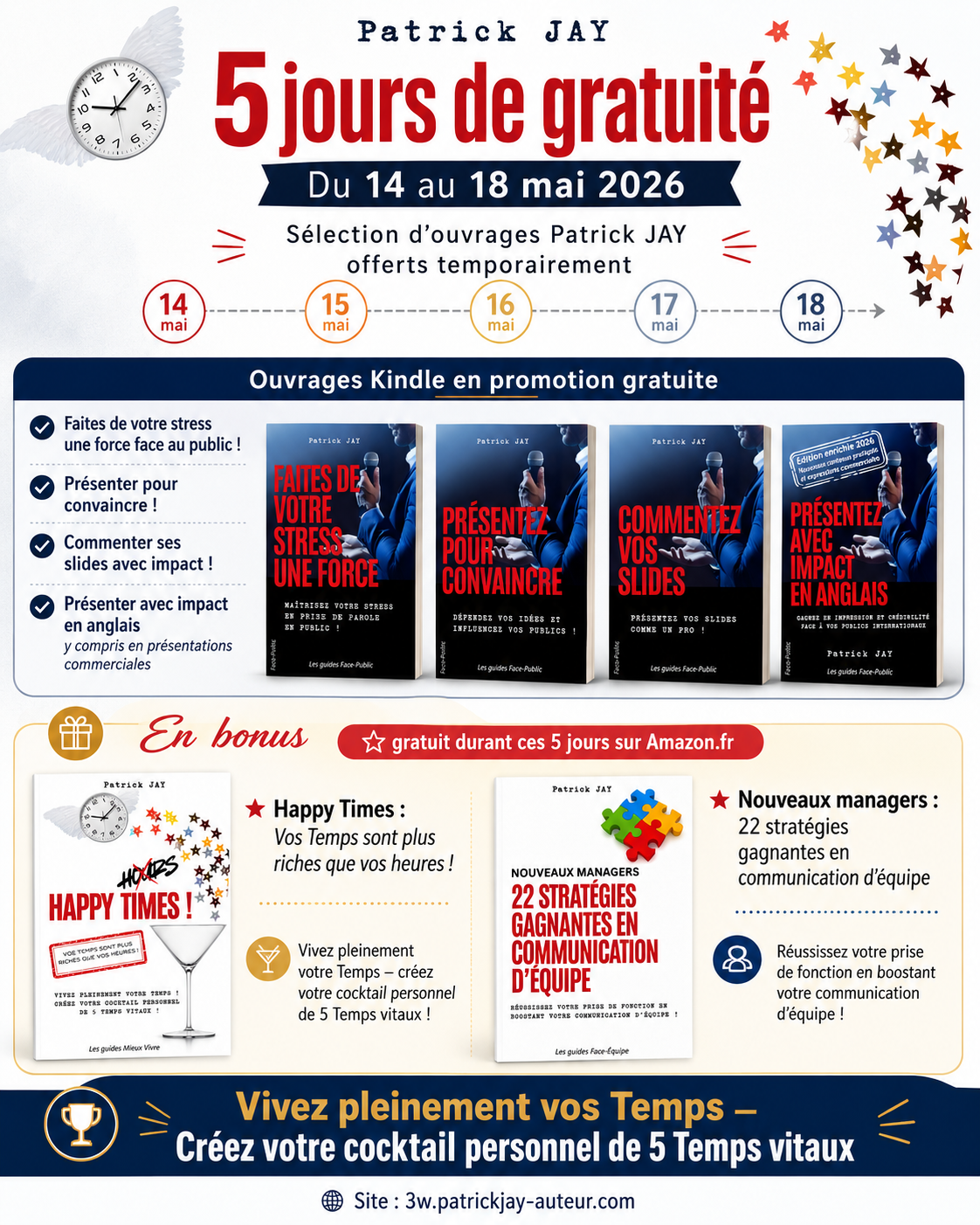 Promotion temporaire de gratuité des guides Kindle Patrick JAY du 14 au 18 mai 2026 sur la prise de parole professionnelle